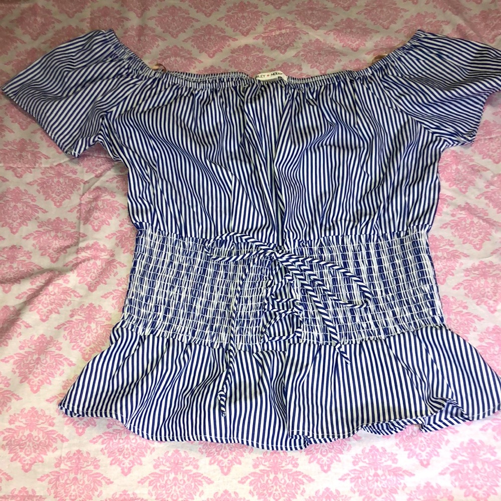 New Miley+Molly blue & white stripped off shoulder top SzXL Jrs see description